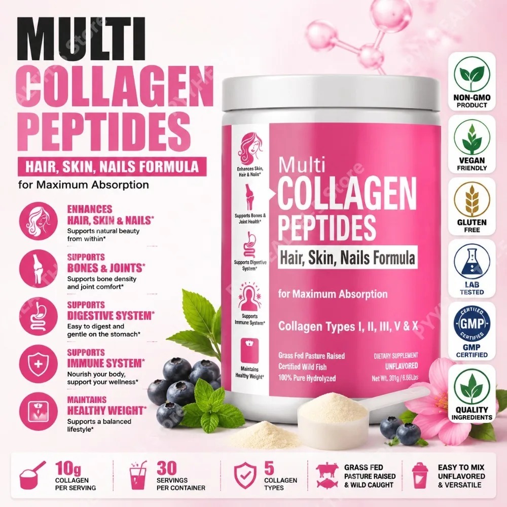 Collagen Peptide Powder - 加水分解マルチコラーゲンパウダー タイプI、II、III、V、Xサプリメントと消化酵素ブレンド 無香料 300g