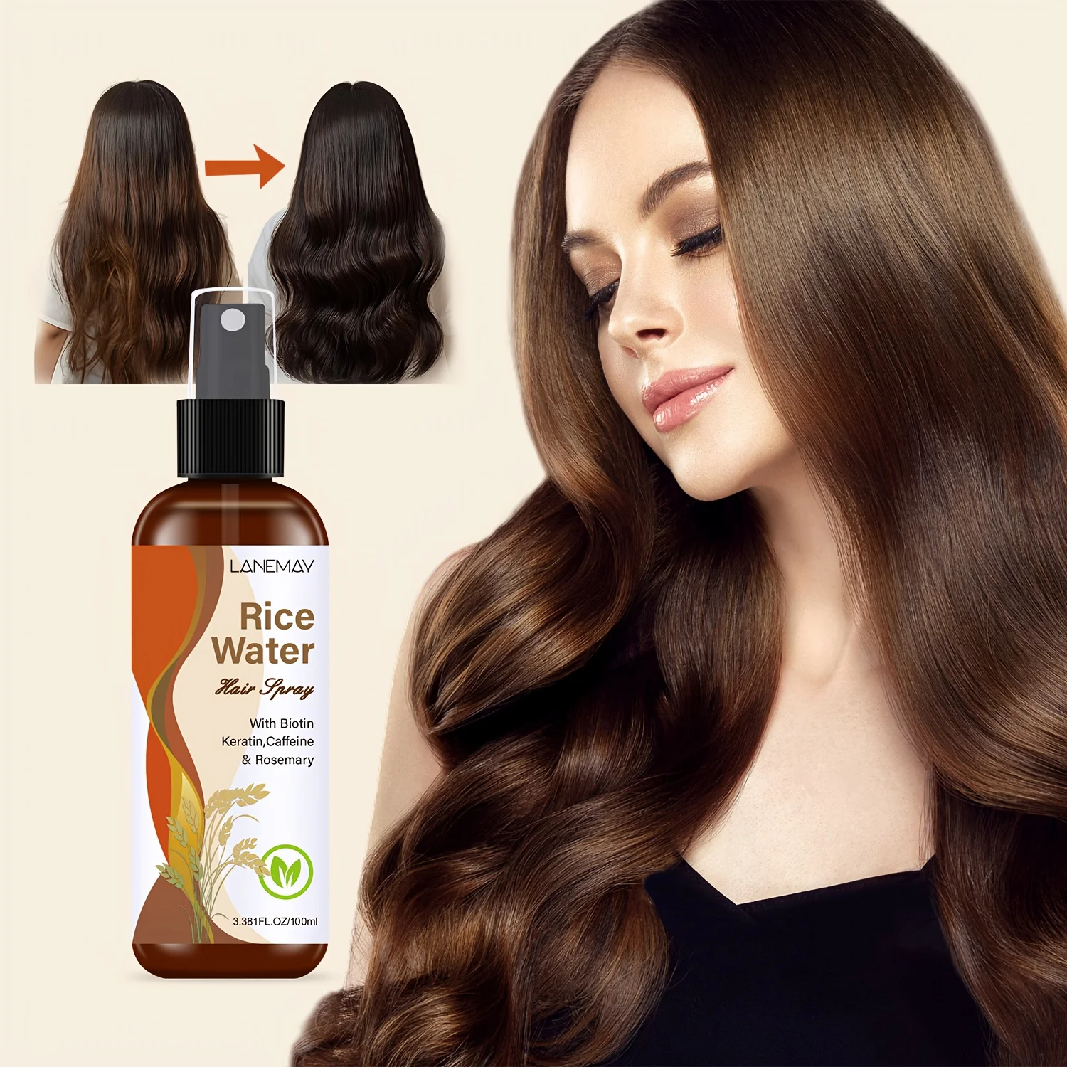 Biotin Hair Growth - 米ぬかヘアスプレー - ビオチン、ケラチン、カフェイン、ローズマリー配合、髪を滑らかにし、もつれを軽減し、あらゆる髪質に輝きを与える