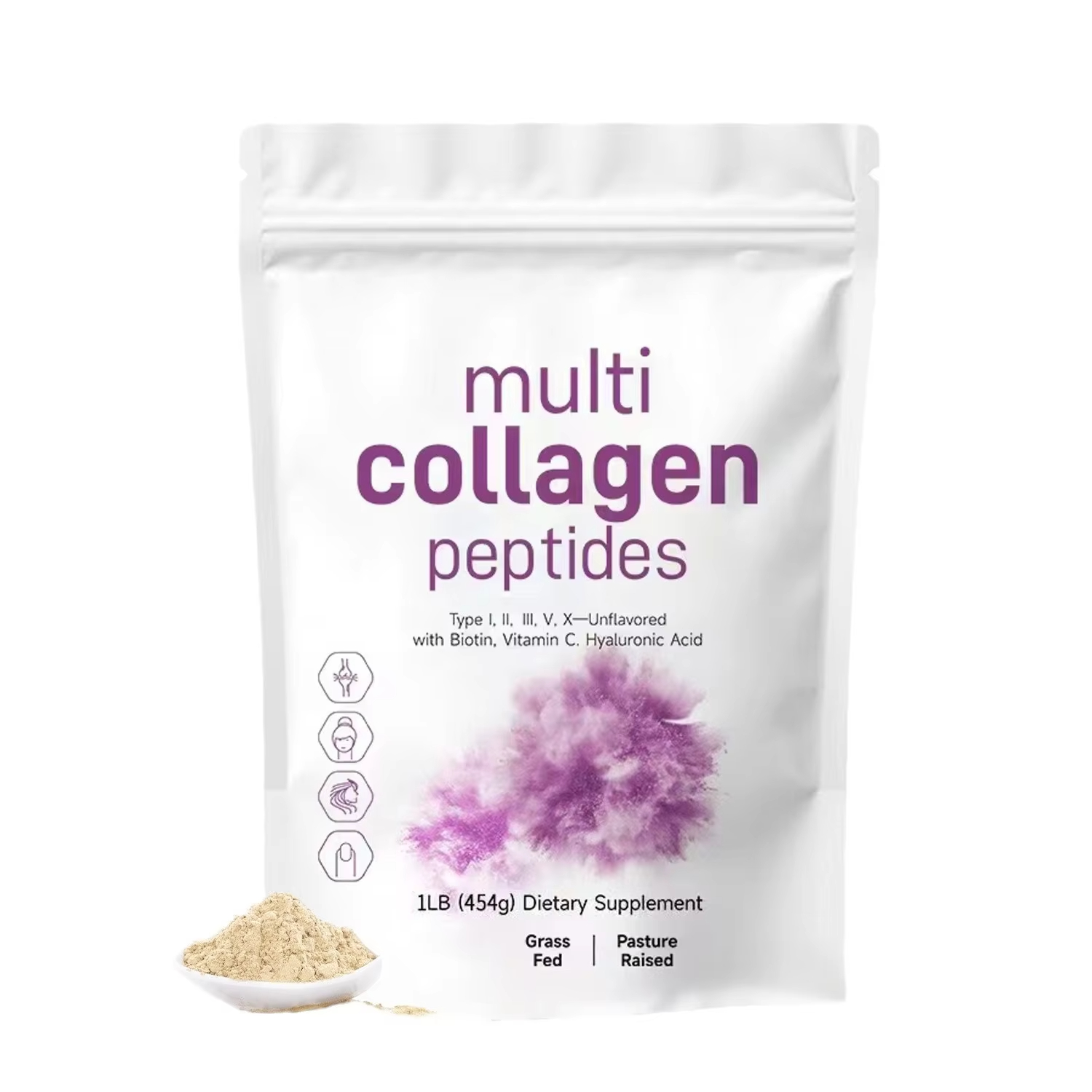 Collagen Peptide Powder - 454G マルチコラーゲンペプチドパウダー - プロテインサプリメント、タイプI、II、III、V、X、ヒアルロン酸、ビタミンC配合、飲み物に混ぜて使用