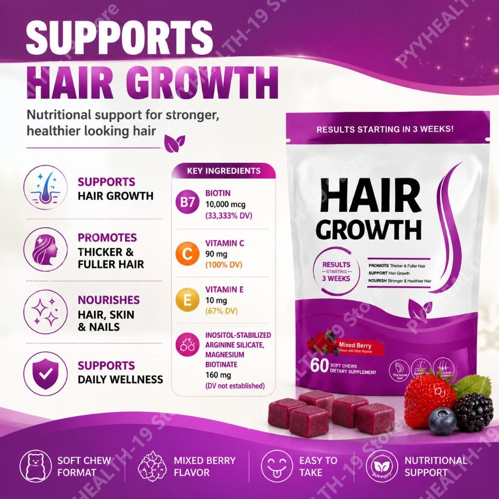 ビオチン、ビタミンC、E、アルギニン配合の育毛ソフトチュアブ - Biotin Hair Growth のレビューと価格