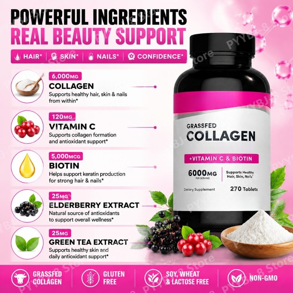コラーゲン錠剤 6000mg ビタミンCとビオチン配合、髪・ - Collagen Peptide Powder のレビューと価格